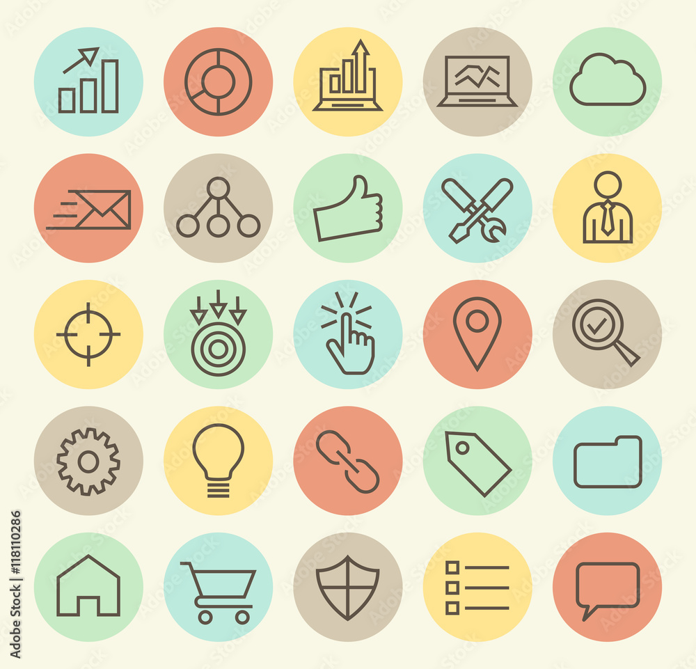 Aufkleber set of isolated universal minimal simple thin line seo icons on circular color buttons.