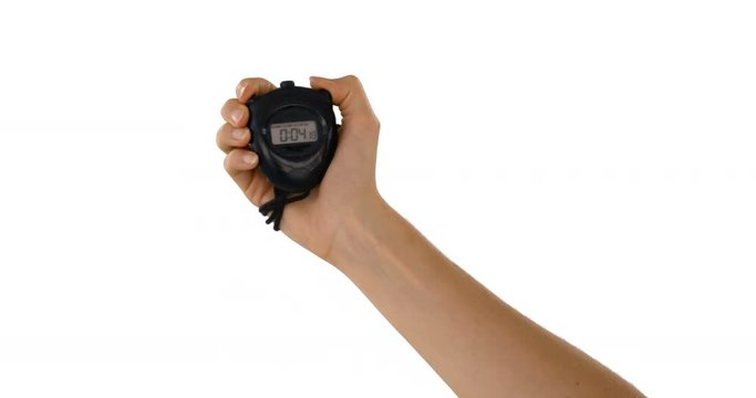 Hands holding a timer against a white background