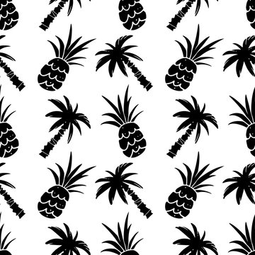 Seamless pattern with palm ttees,  pineapples