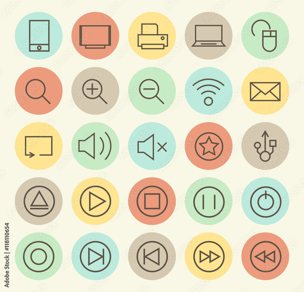Poster set of isolated universal minimal simple thin line multimedia icons on circular color buttons.