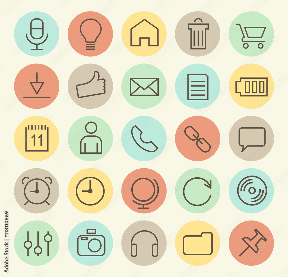 Poster set of isolated universal minimal simple thin line multimedia icons on circular color buttons.