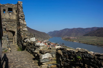 Spitz castle ruin Hinterhaus, Danube river, Austria.