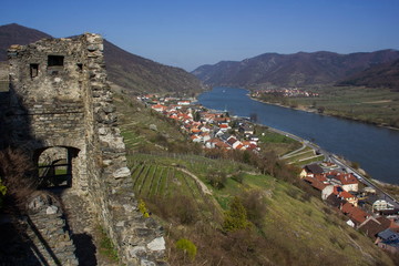 Spitz castle ruin Hinterhaus, Danube river, Austria.