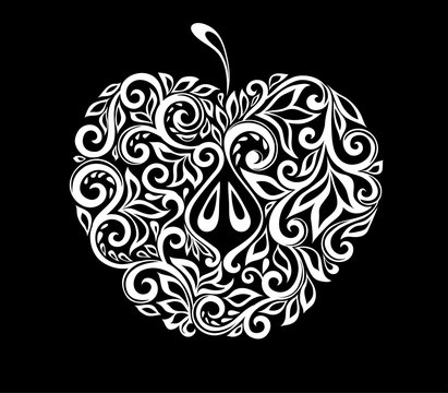beautiful monochrome black and white apple decorated with floral pattern isolated.