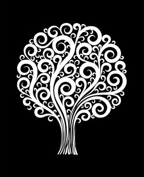 beautiful monochrome black and white tree in a flower design with swirls and flourishes isolated.