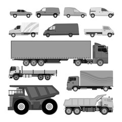 Trucks icons vector shipping cars vehicles cargo transportation by road. Delivery vehicle car shipping trucks and rail car with forklifts. Flat style icons trailer lorry traffic illustration.