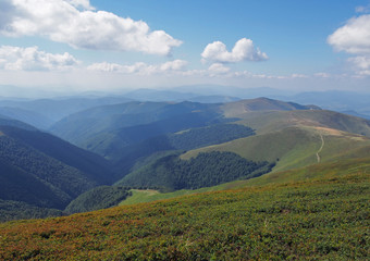 Panorama of tops Carpathian mountains from the ridge Borzhava, Ukraine