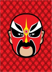 Traditional Chinese opera mask on red pattern background
