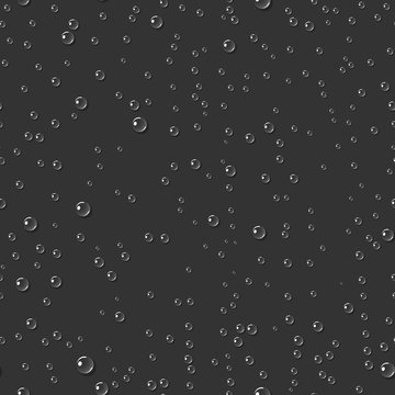 Dark water transparent drops seamless pattern. Rain drops. Condensed water background. Water drops scattered across the dark surface. Water drops seamless background.