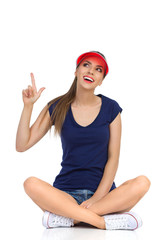 Girl In Red Summer Visor Cap Pointing Up