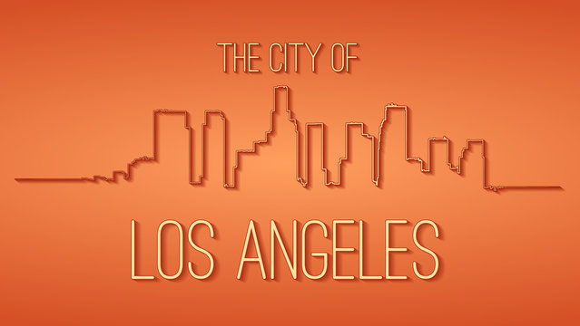 The city of Los Angeles. Yellow line of skyscrapers and the lettering against orange background.
