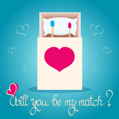 Two matches laying in a bed made from a box. Valentine's Day Card. EPS 10 vector illustration
