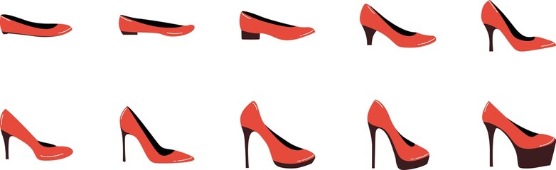 Different heel heights of woman shoes. Set of 10 heels from small to big.