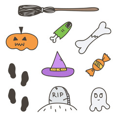 Set of cute colorful halloween doodles, hand drawn stickers isolated on white background.