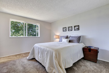 Large white bed in simple bedroom with carpet floor.