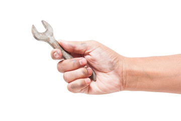 hand holding a spanner isolated on a white background with using path