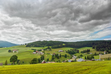 Fototapeta na wymiar Houses and fields of the German Farmers.Black Forest. Germany.