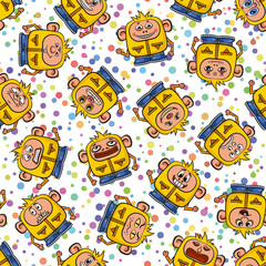 Seamless Background for Your Design with Cartoon Monsters in Overalls with Different Faces and Emotions, Colorful Tile Pattern with Cute Funny Characters. Vector