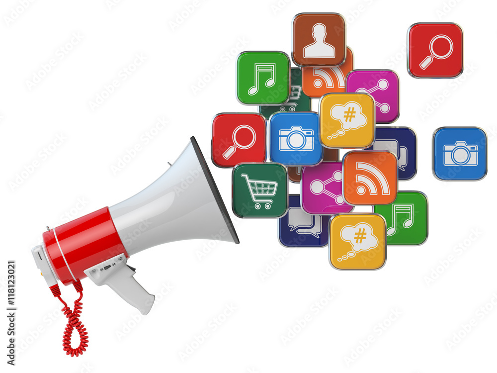 Poster megaphone with cloud of application icons. digital marketing con