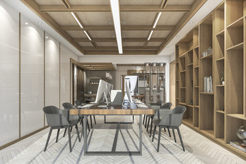 3d rendering wood contemporary style office with nice texture