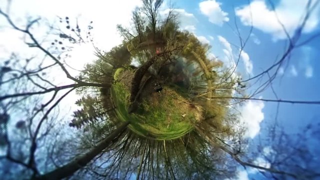 People Man in Green Park Spherical Panorama Fresh Green Trees River Lake Sunny Day People Are Walking Tourists Blue Sky Video For Virtual Reality