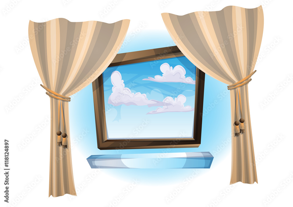 Poster cartoon vector illustration window open landscape view with separated layers
