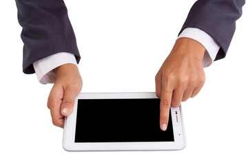 Businessman hands holding and pointing on contemporary digital frame with blank screen. 