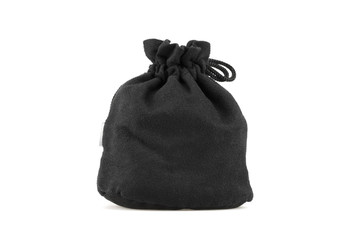 Black velvet pouch on white background