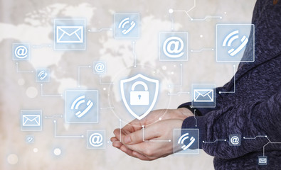 Businessman pressing button locked shield virus security network mail web