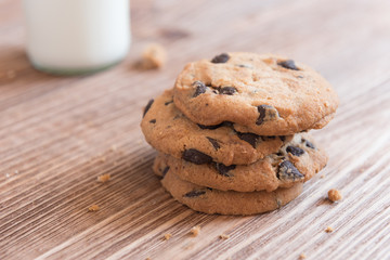 Chocolate chips cookies with a glass of milk