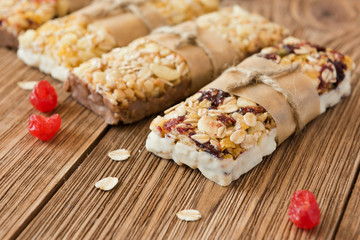 Protein bars with peanut butter and dried fruit, healthy snack