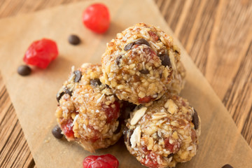 Delicious bites with cherry, cranberry, almond and chocolate