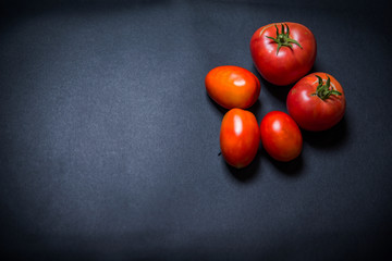tomatoes on dark background, a few tomatoes against a dark background, fresh, raw tomatoes