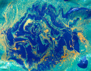 Marbled blue abstract background. Liquid marble pattern. Marbling acrylic texture
