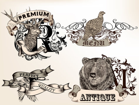 Set of vector logotypes with hand drawn wild animals