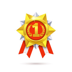 Vector Gold medal illustration. 1st place prize. 3d gold medal with stripped ribbons. Eps10 vector illustration.