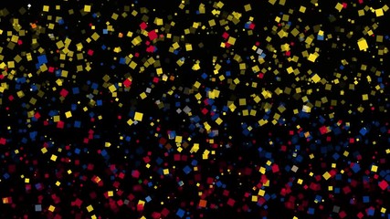 spirited celebratory fireworks from flat confetti particles with main national colors revealing the flag of Ecuador