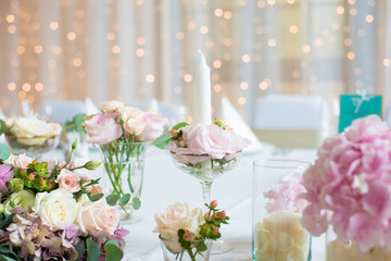 Beautiful flowers on table at wedding day