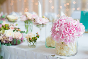 Beautiful flowers on table at wedding day