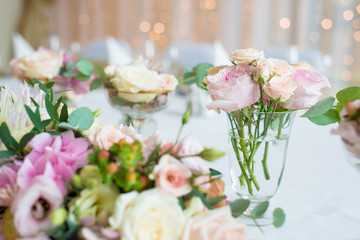 Beautiful flowers on table at wedding day