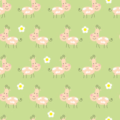 Seamless background with funny cow and flowers.
