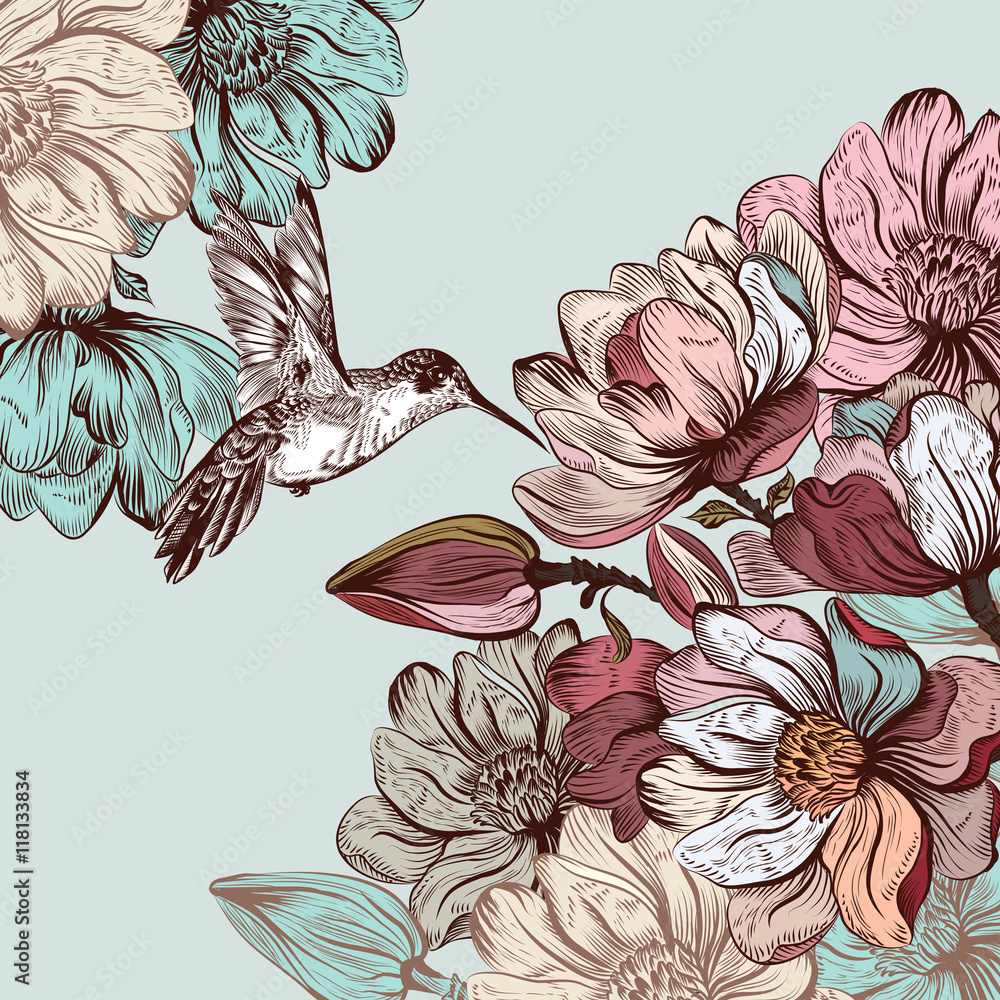 Poster vector background with magnolia flowers and bird in engraved sty