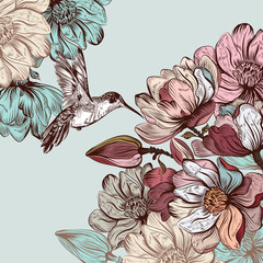 Obraz premium Vector background with magnolia flowers and bird in engraved sty