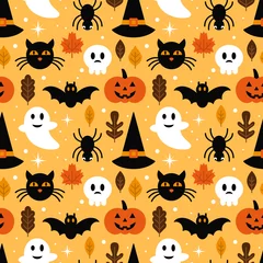 Fototapeten Halloween seamless pattern design with ghost, skull, pumpkin and © girafchik