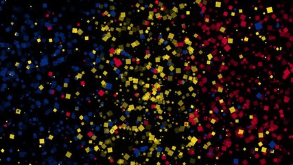 spirited celebratory fireworks from flat confetti particles with main national colors revealing the flag of Romania