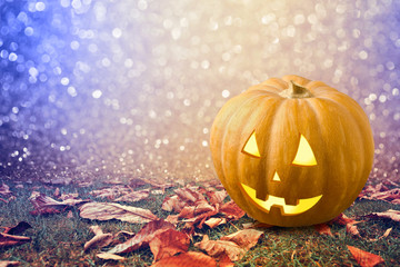 Halloween background with pumkin jack lantern on grass with autumn leaves