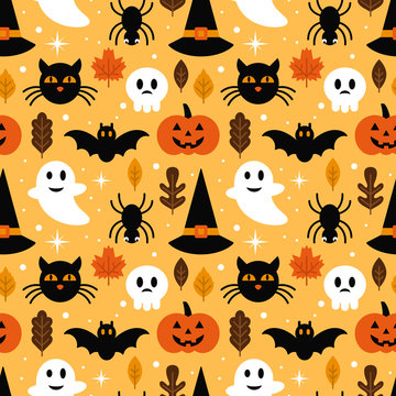 Halloween seamless pattern design with ghost, skull, pumpkin and