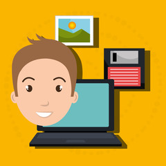 man laptop floppy folder