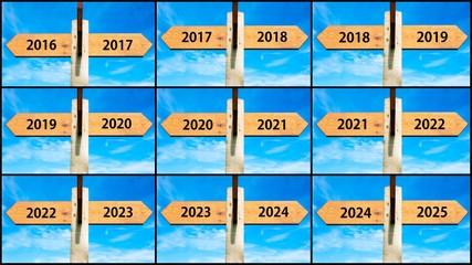 Photo collage of images with two opposite arrows over blue sky