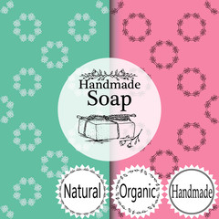 Vector set of seamless patterns, labels and logo design templates for hand made soap packaging and wrapping paper